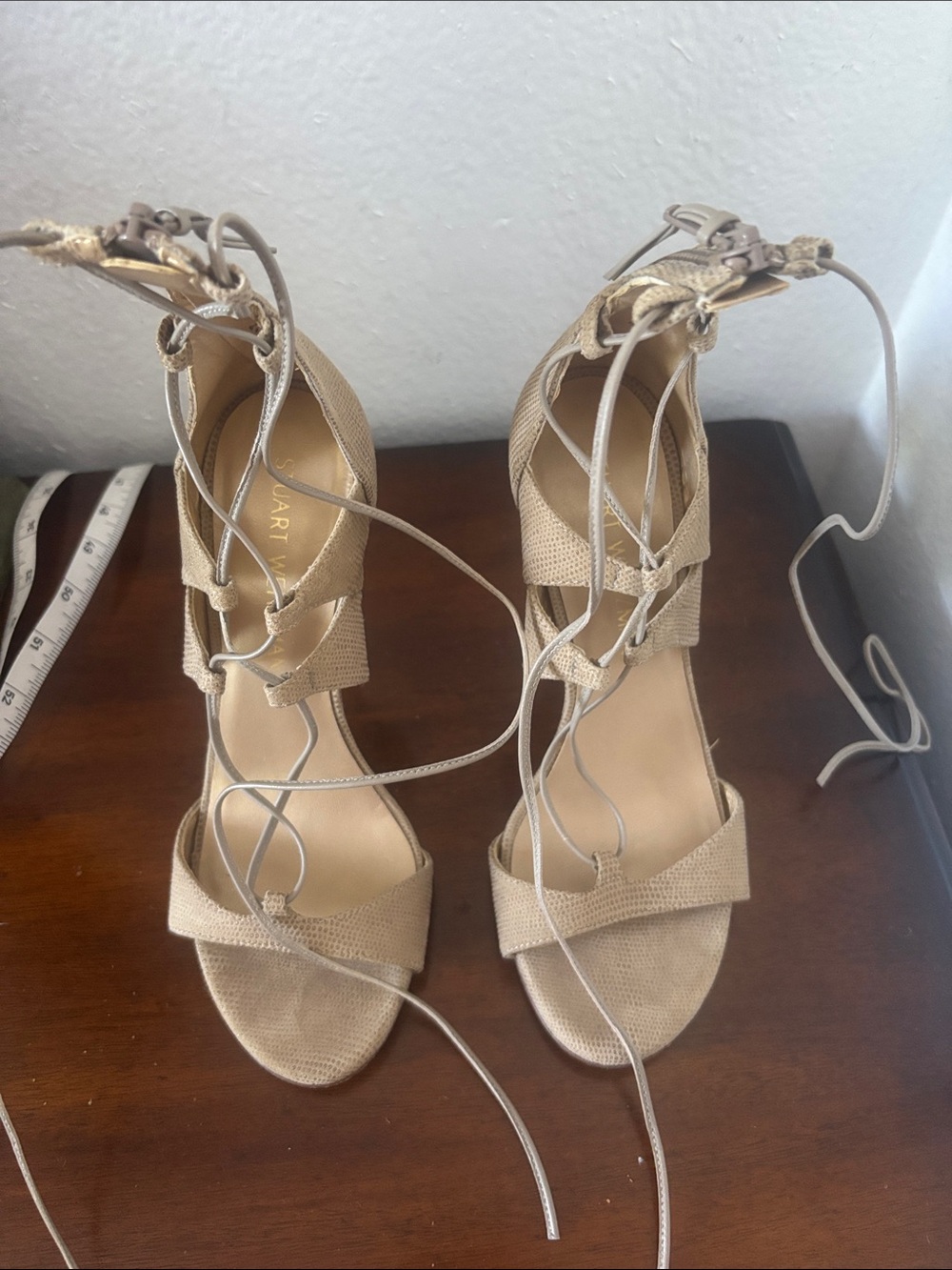 Stuart Weitzman Tan Lace-Up Heeled Sandals